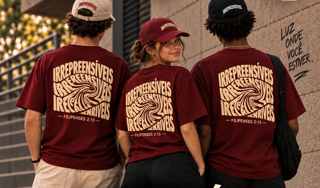 Três adolescentes de costas vestindo a camiseta marsala Irrepreensíveis, em frente a um muro de concreto